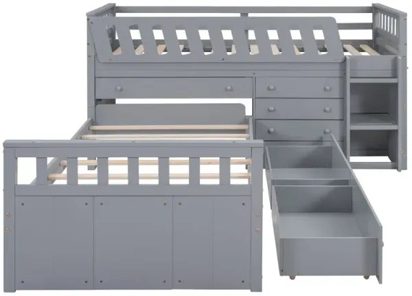 Loft Platform Bed With 7 Drawers And Full Guardrails, Modern L Shaped Space Savin