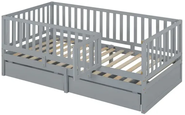 Daybed With Fence Guardrails And 2 Drawers, Split Into Independent Floor Bed & Daybed