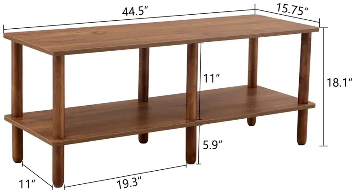 Modern Double Deck TV Cabinet With Open Storage Shelf, Rounded Legs