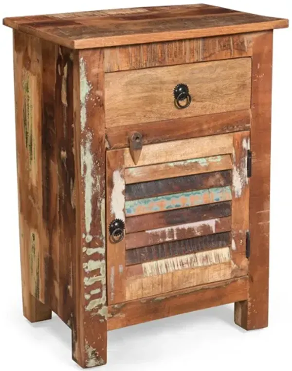 Recycled Wood Side Table With Drawer And Door - Natural