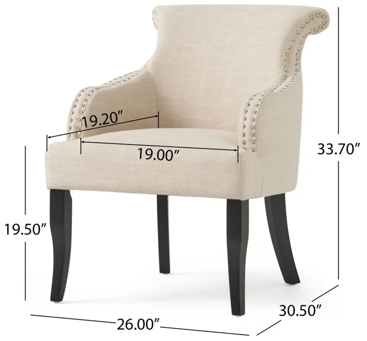 Upholstered Armchair With Rolled Back, Tapered Legs And Nailhead Trim - Light Beige