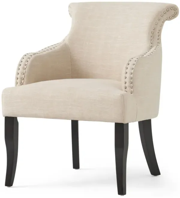 Upholstered Armchair With Rolled Back, Tapered Legs And Nailhead Trim - Light Beige