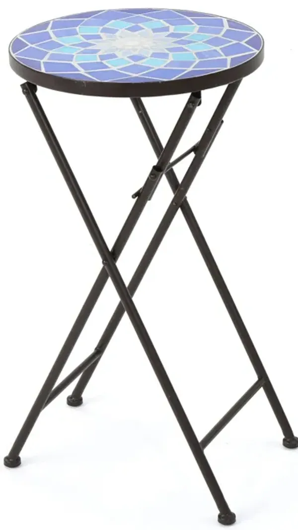 Outdoor Folding Accent Table With Glass Top And Iron Frame - White / Blue