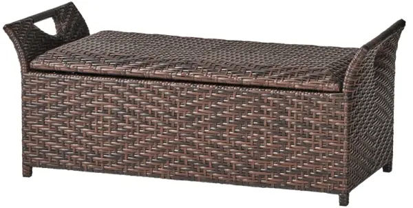 Outdoor Rattan Bench With Flair Arm And Storage - Brown