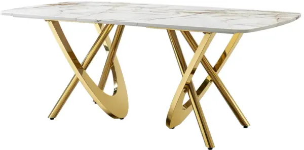 Marble Pattern Dining Table With Stainless Steel Base, Rectangular, Seats 6 Or 8 - Gold