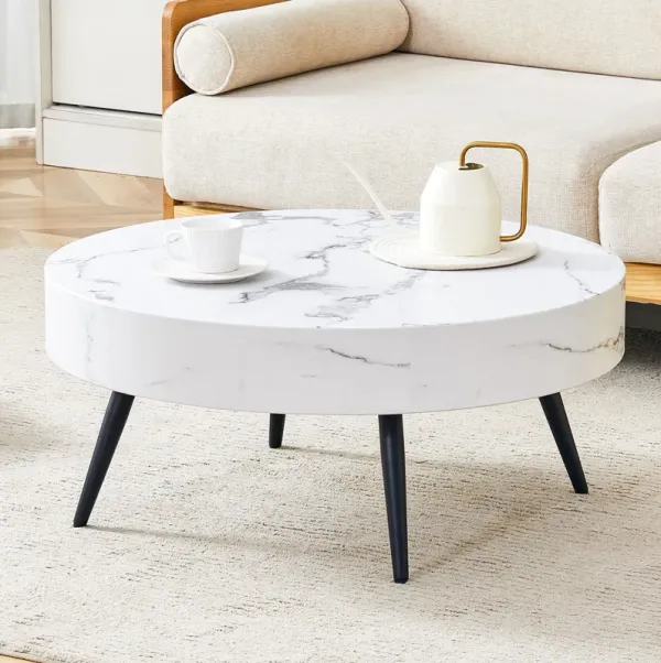 Modern Round Coffee Table With Marble Patterned, Metal Legs, Adjustable Feet - White