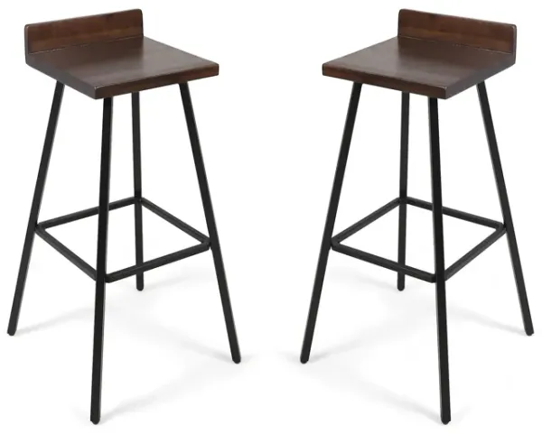 Outdoor Bar Stool With Low Backrests And Wood Seats (Set of 2) - Dark Brown / Black