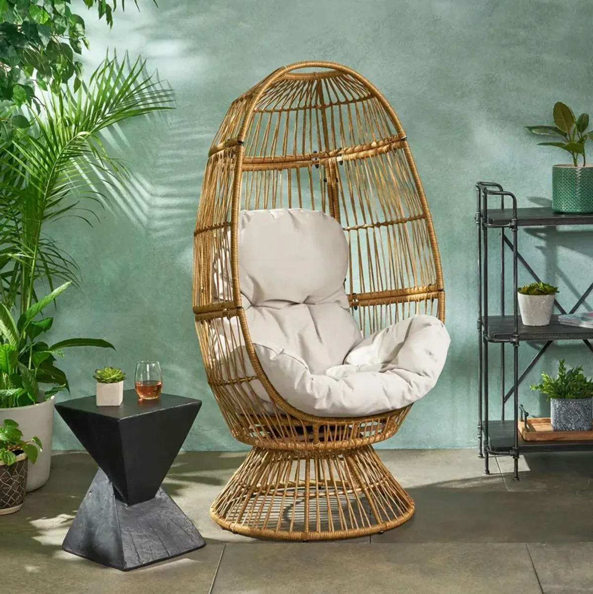 Patio Swivel Basket Egg Chair With Cushion - Natural