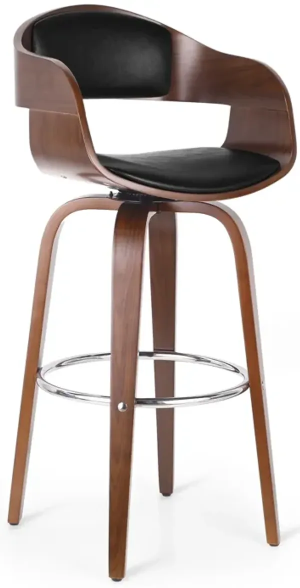 Upholstered Swivel Barstool With Wood Frame / Chrome Footrest - Walnut / Black