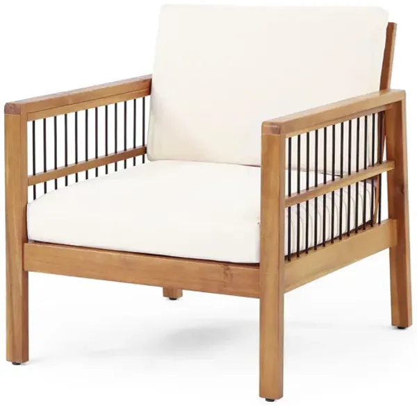 Club Chair With Slat Panel Design - Teak / Beige