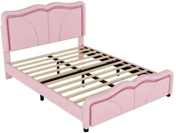 Twin Size Upholstered Platform Bed With Curve Shaped And Height Adjustable Headboard, LED Light Strips - Pink