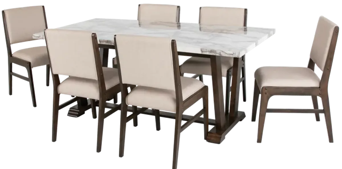 Modern Farmhouse Antique Brown & White Faux Marble 7-Piece Dining Set