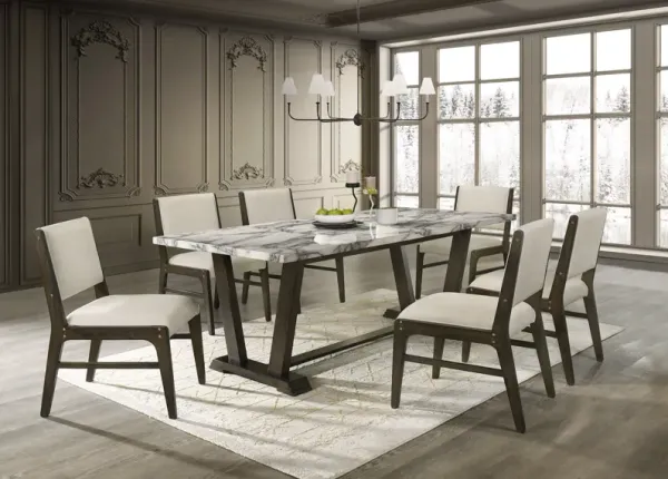 Modern Farmhouse Antique Brown & White Faux Marble 7-Piece Dining Set
