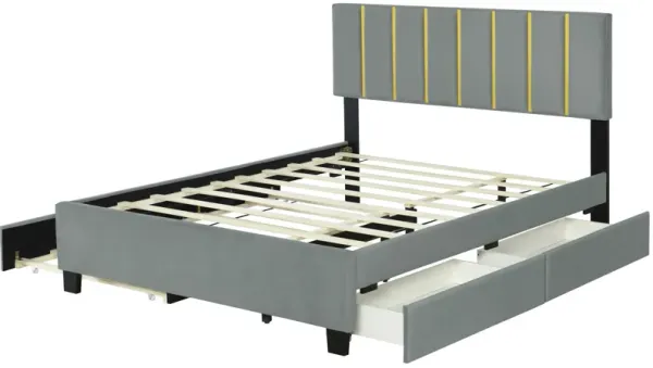 Upholstered Platform Bed With 2 Drawers And 1 Trundle, Classic Strip Headboard Design