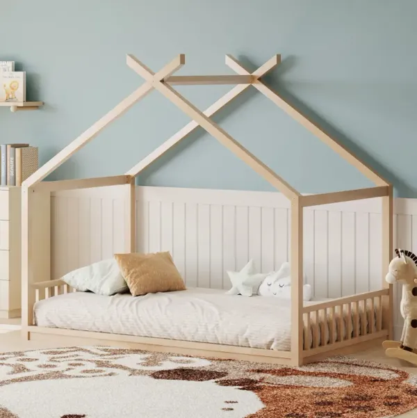 Montessori Style House Bed For Kids, Floor Bed Frame With Headboard And Footboard