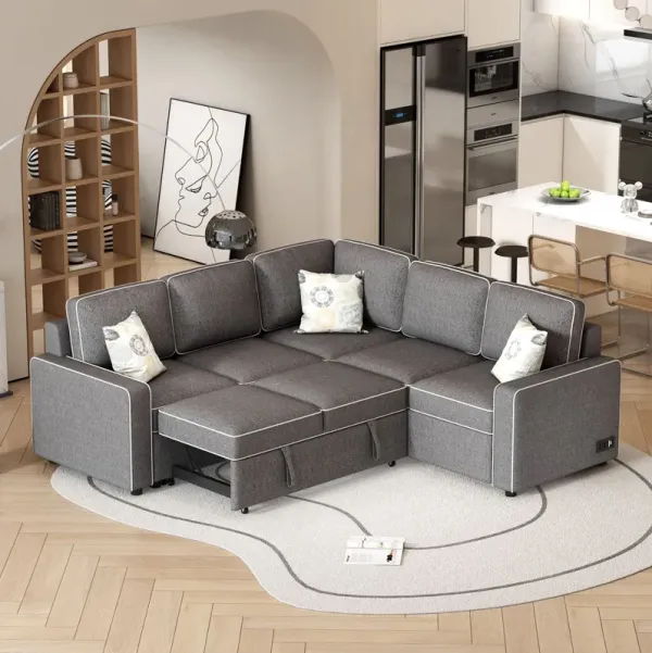 L-Shaped Pull Out Sofa Bed Modern Convertible Sleeper Sofa With 2 USB Ports, 2 Power Sockets And 3 Pillows For Living Room