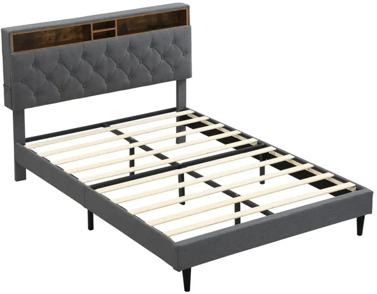 Modern Upholstered Platform Bed Frame With Button Tufted Headboard And USB Ports