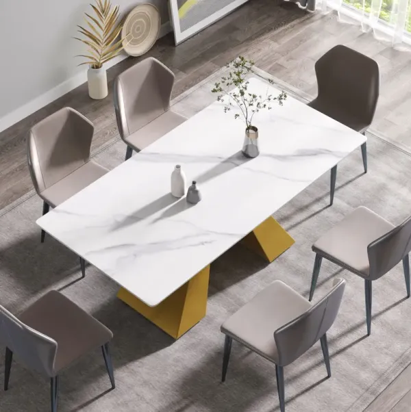 70.87" Modern Artificial Stone White Straight Edge Metal Leg Dining Table - White / Gold