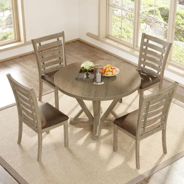 5 Pieces Table Set Round Dining Table Solid Wood Modern Farmhouse Rustic Look Distressed Look - Grayish Brown