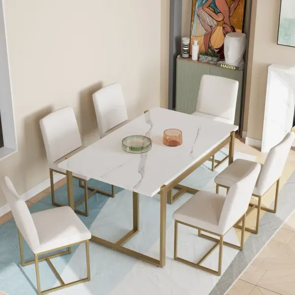 Modern Dining Table Set For 6 Faux Marble Kitchen Table Set With 6 Upholstered Dining Chairs, 7 Piece - White / Golden