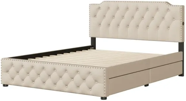 Upholstered Platform Bed With 2 Drawers And 2 Sets Of USB Ports On Each Side, Linen Fabric