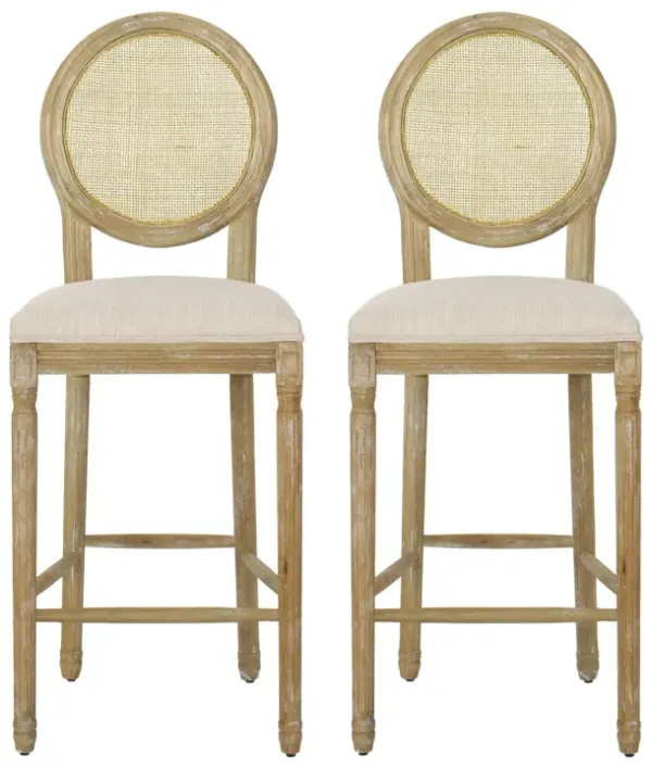 Country Chic Bar Stools (Set of 2) With Rattan Backrest And Upholstered Seat - Beige / Natural