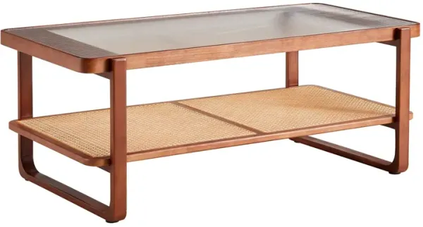 Modern Simple Rectangle Double Layer Solid Wood Glass Desktop Tea Table Rattan Woven Chinese Side Table Small Rectangle Table - Natural Wood