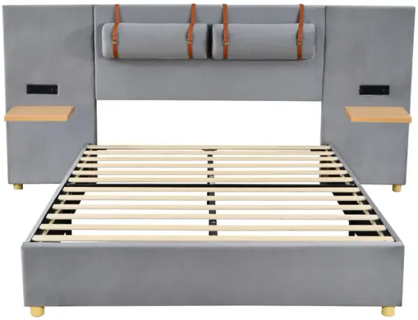 Upholstered Platform Bed, 2 Outlets And USB Charging Ports On Both Sides, 2 Bedside Pillows, Storage Shelves