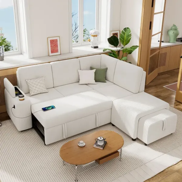 Pull-Out L-Shaped Sectional Sofa With Movable Ottoman And Stool, Large Storage Space, A Cup Holder, And 2 USB Ports For Living Room