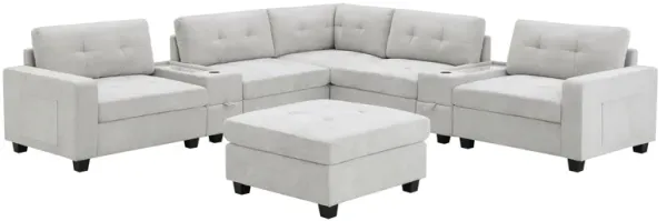 Sectional With Acrylic Table Top U Shaped Couch Set With 2 Consoles USB Charger, Storage Drawers And Pockets Movable Ottoman Tufted Sofa