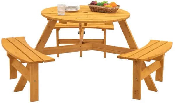 6 Person Circular Outdoor Wooden Picnic Table For Patio, Backyard, Garden, Diy With 3 Built-In Benches, 1720Lb Capacity