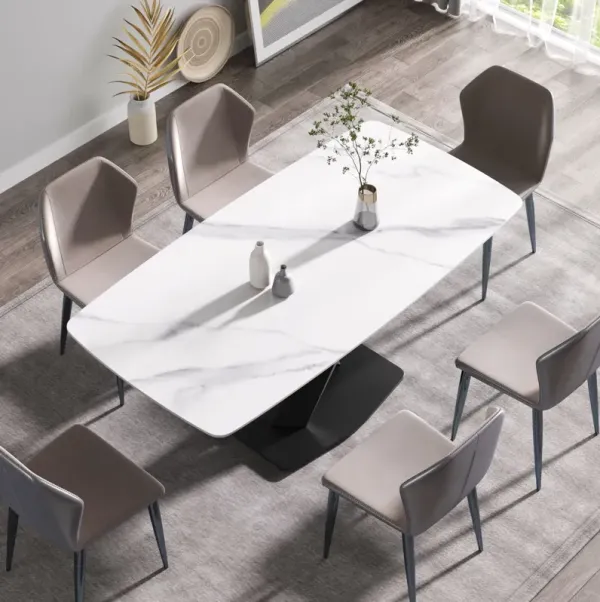 70.87" Modern Artificial Stone White Curved Black Metal Leg Dining Table, Can Accommodate 6-8 People - White / Black