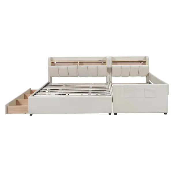 Upholstered Mother & Child Bed With Hydraulic Storage System, Drawer Box, Bedhead Storage Shelf And 2 Pairs Of Sockets & USB Ports