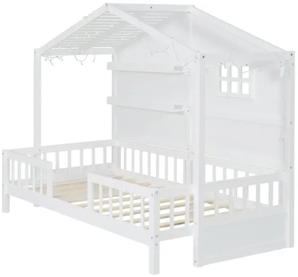 House Bed With Shelves, Window And Sparkling Light Strip On The Roof