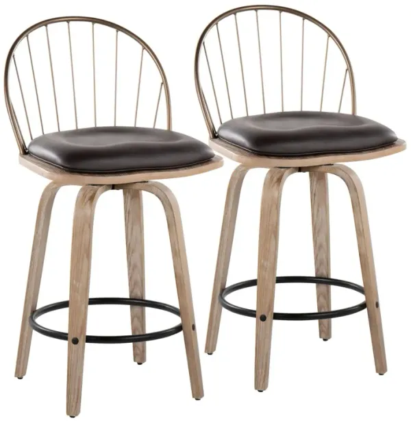 Riley - Farmhouse Fixed Height Counter Stool Round Footrest With Removable Cushion (Set of 2) - White Washed / Antique Copper / Brown