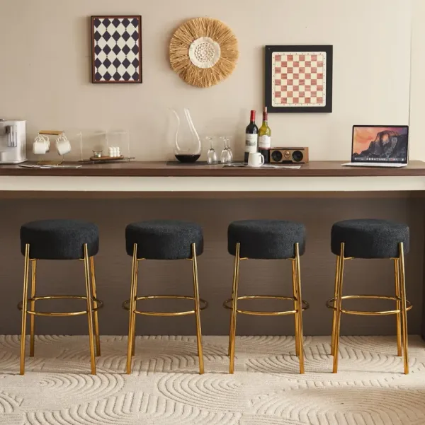 Round High Bar Stools (Set of 2), Contemporary Upholstered Dining Stools For Kitchens, Coffee Shops And Bar Stores - Gold Legs
