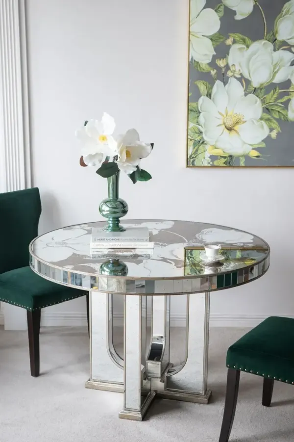 Round Dining Table With Elegant Floral Design And Mirrored - Silver Multi