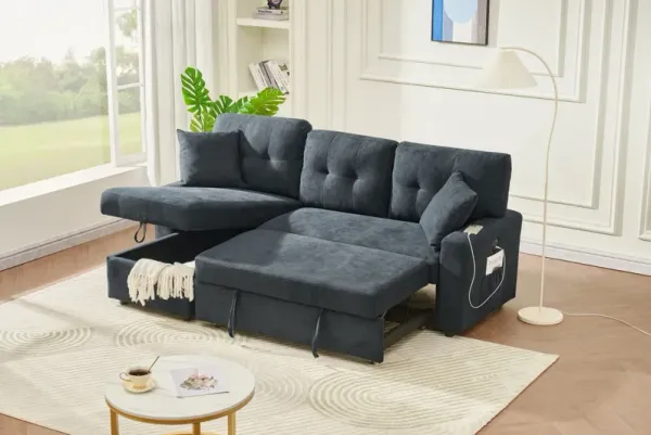 Reversible Sofa Couch Sleeper With Pull Out Bed And USB Port
