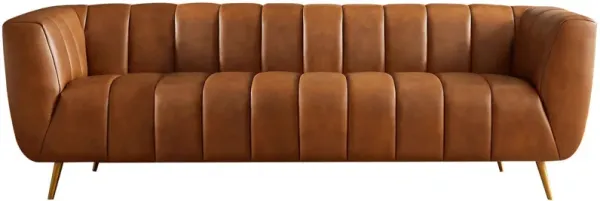 Ava - Genuine Italian Leather Channel Tufted Sofa - Gold / Tan