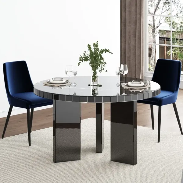 Round Faux Marble Mirrored Dining Table - Black