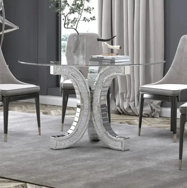 Round Glass Pedestal Dining Table With Tempered Glass Top - Silver