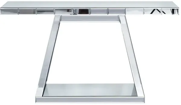 Modern Luxe Full Body Mirror Entryway Table With Trapezoid Base, 360° Reflective Console, Scratch Resistant, Open Storage - Silver