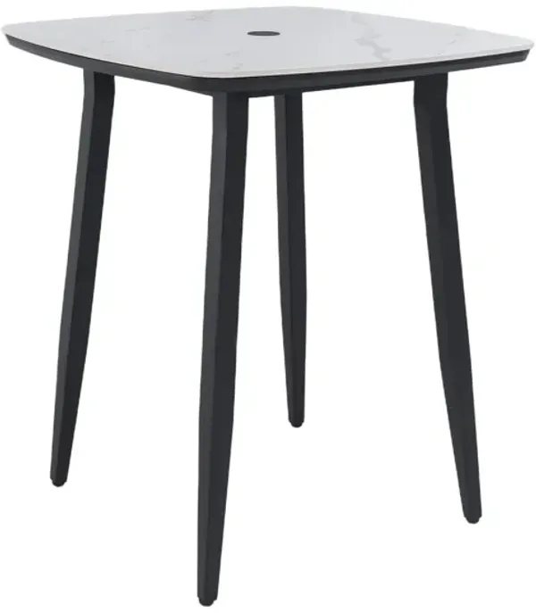 Modern Outdoor Bar Table, Rounded Square Sintered Stone Top With Umbrella Hole, Rust Free Frame, Weatherproof - Ember Black / White