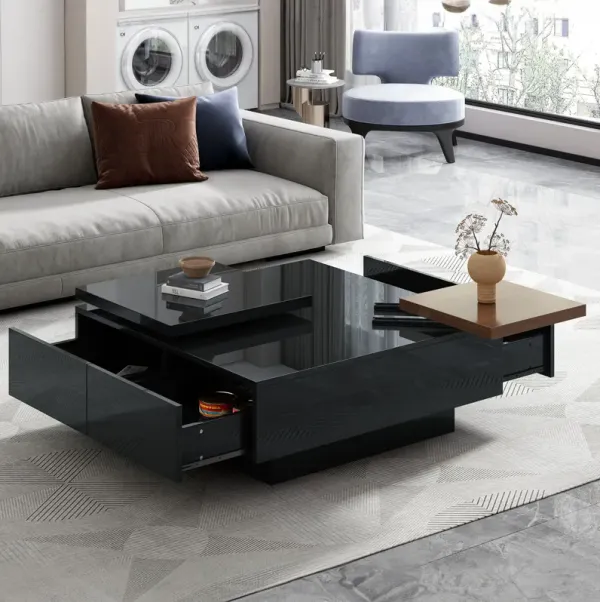 Movable Square Top Coffee Table With 4 Hidden Storage Drawers