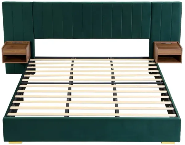 Upholstered Bed Frame Of Velvet Tufted Headboard With Floating Nightstand LED / USB Built