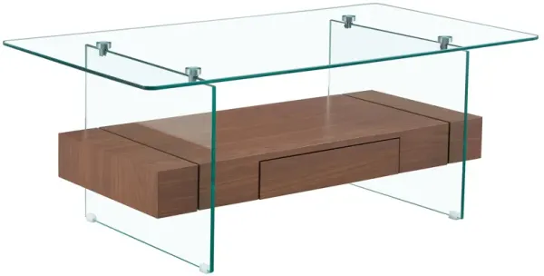 Modern 2 Tier Coffee Table With Drawer Clear Tempered Glass, Multifunctional Storage - Transparent / Wood