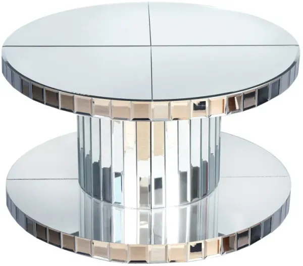 Luxury Double Tier Round Mirror Coffee & End Table With Fluted Glass Modern Sofa Side Table - Silver / Glass