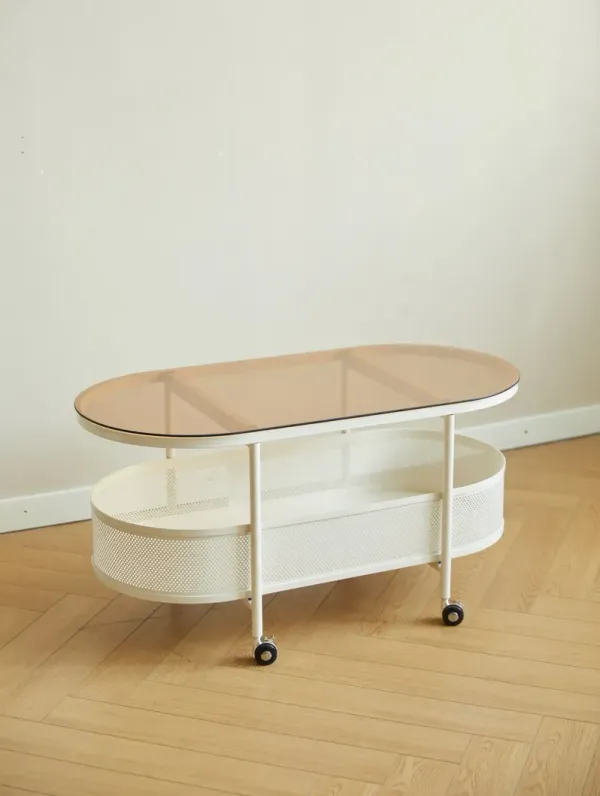 Movable Oval Metal Glass Coffee Table With Storage - White