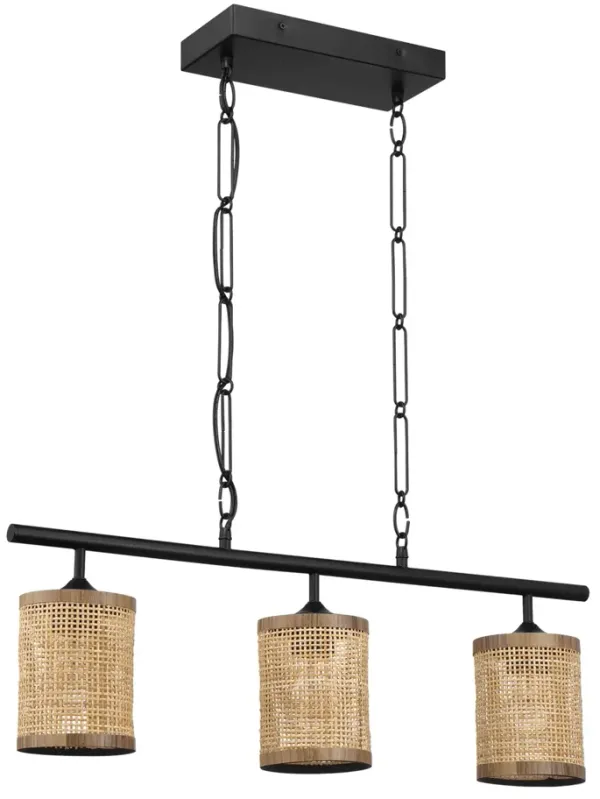 Elysian - 3 Lights Island With Natural Shade Farmhouse Chain Ceiling Lamp - Black / Rattan