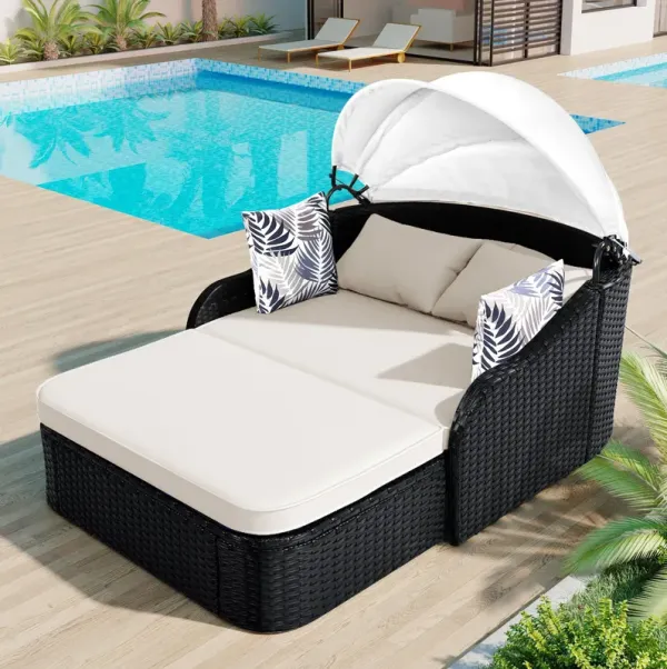 Outdoor Sunbed With Adjustable Canopy, Double Lounge, Daybed - Black / Beige